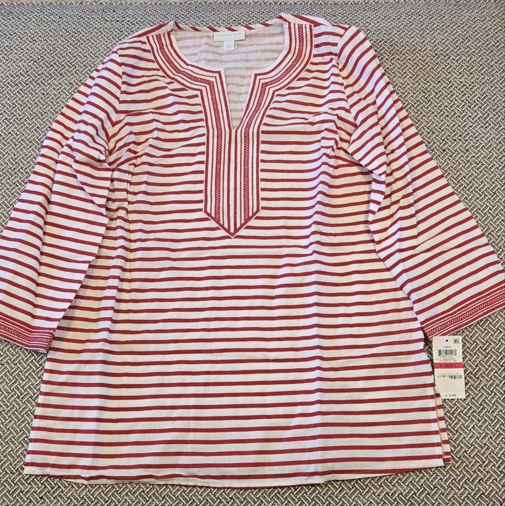 Charter club is linen red and white striped blouse